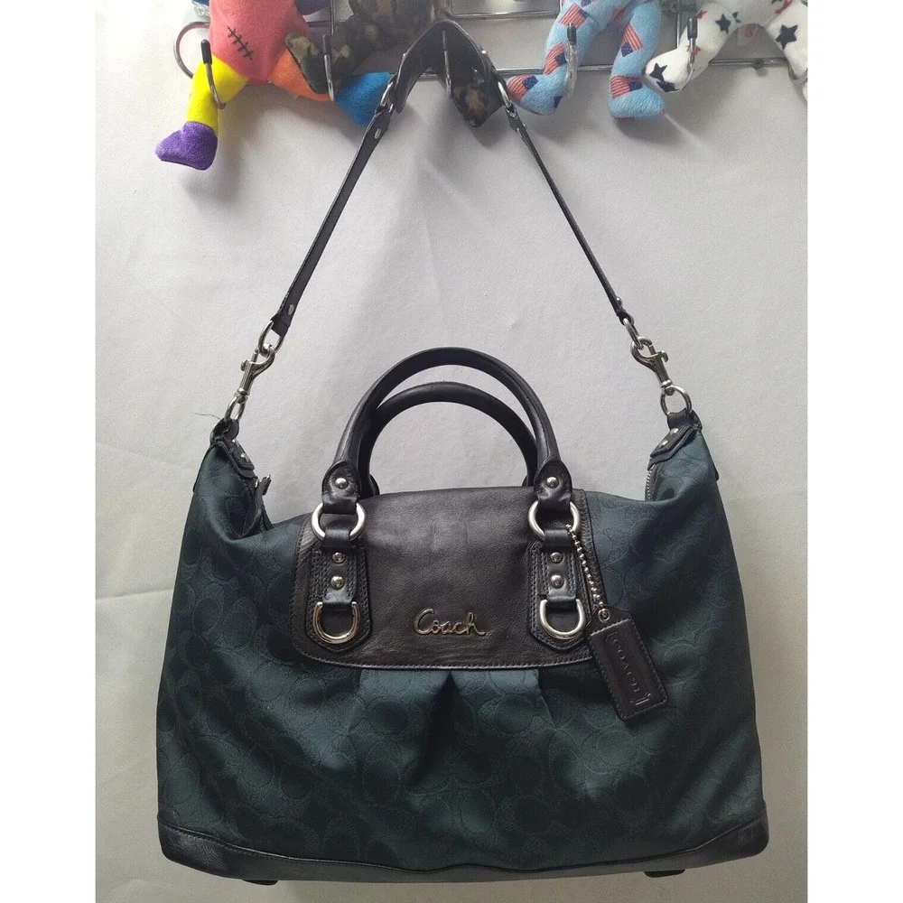 Coach Ashley Signature Dark Blue Canvas Black Leather Trim Satchel Shoulder Bag